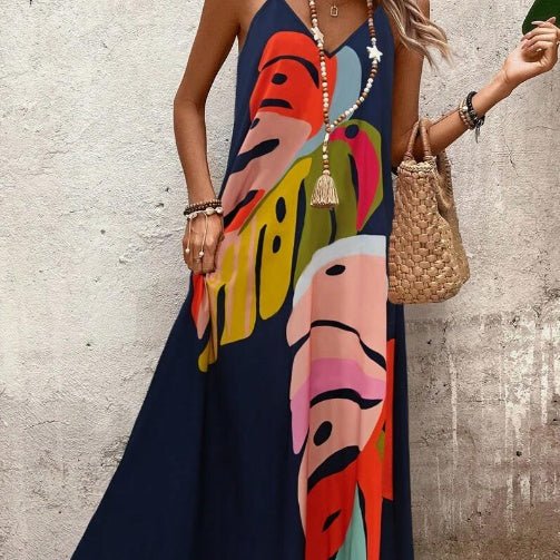 Maxi Kleid Tropischer Blätterdruck Ärmellos - Navy Blue