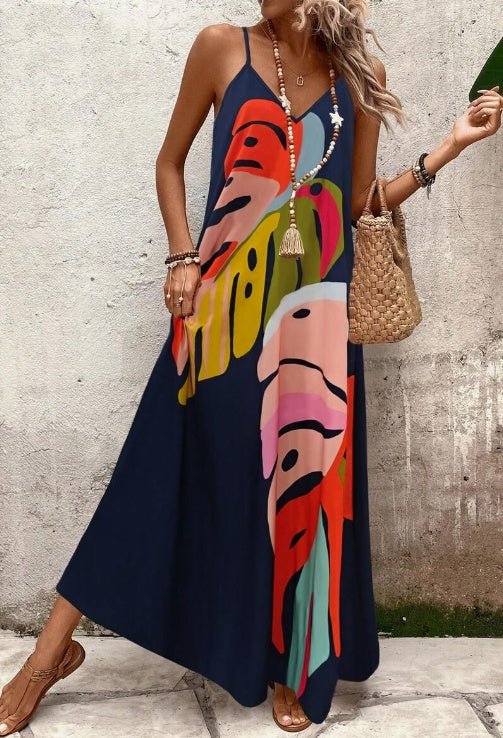 Maxi Kleid Tropischer Blätterdruck Ärmellos