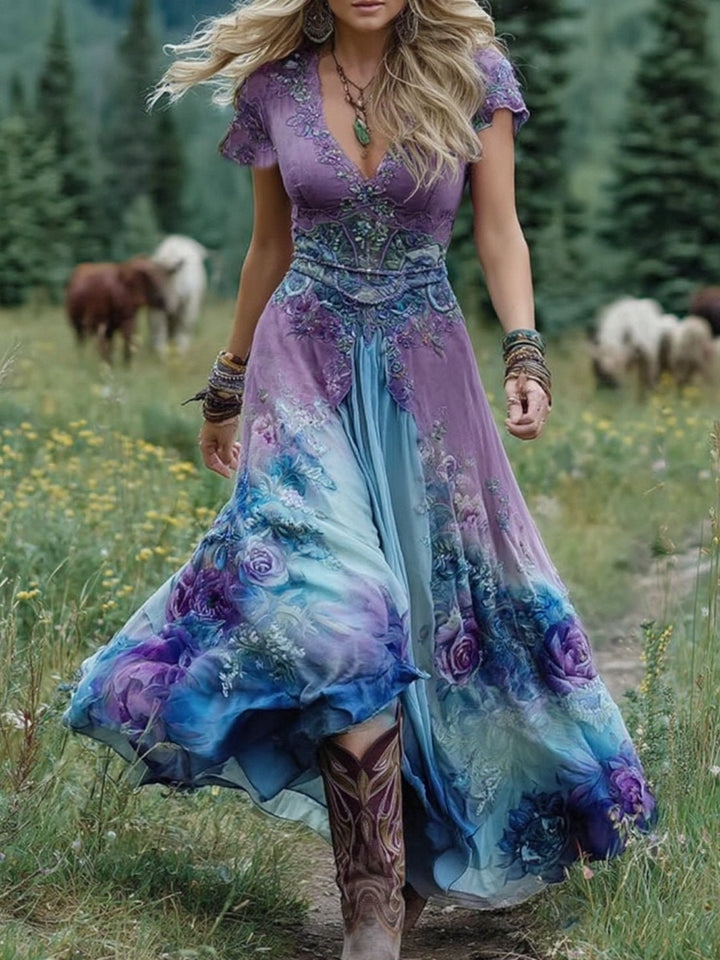 Maxi Kleid V-Ausschnitt Blumenmuster Boho Sommer - Purple