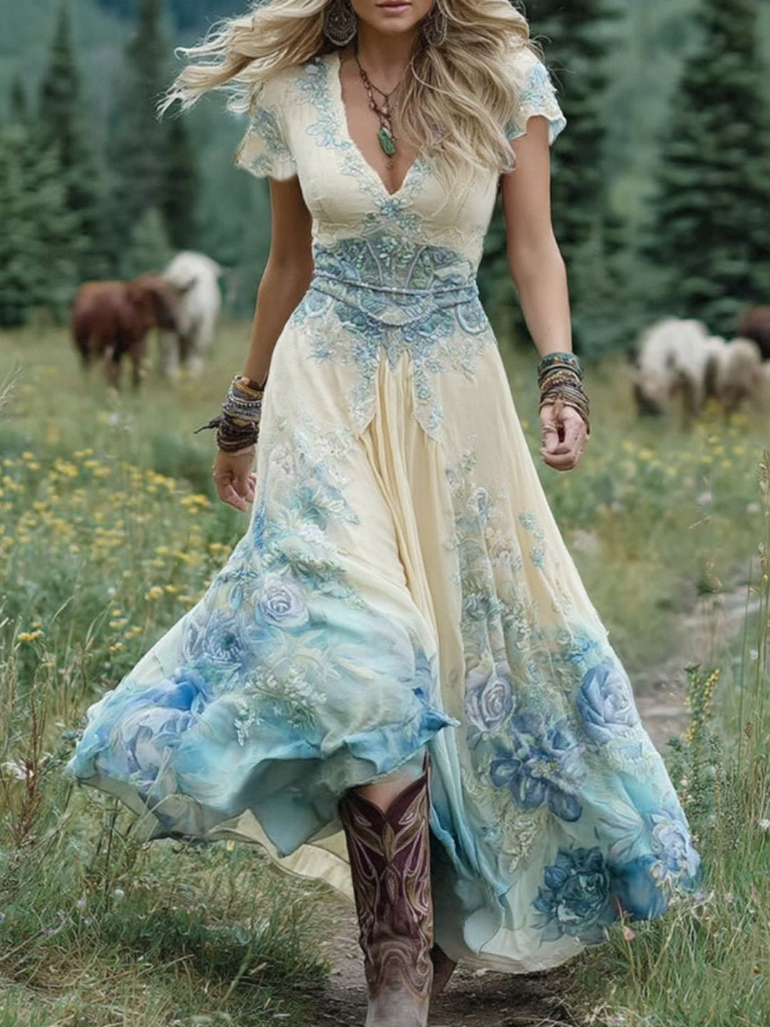 Maxi Kleid V-Ausschnitt Blumenmuster Boho Sommer - Blue
