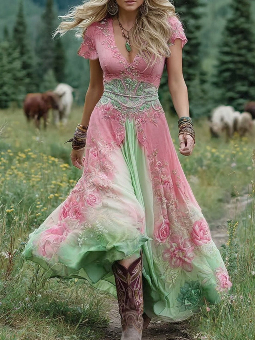 Maxi Kleid V-Ausschnitt Blumenmuster Boho Sommer - Pink