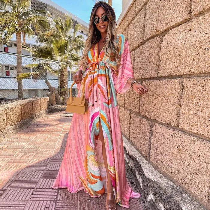 Maxi Kleid V-Ausschnitt Kimono Ärmel Schlitz - Light Pink