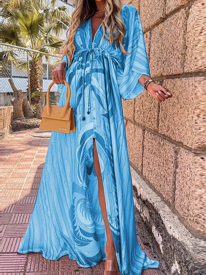 Maxi Kleid V-Ausschnitt Kimono Ärmel Schlitz - Blue