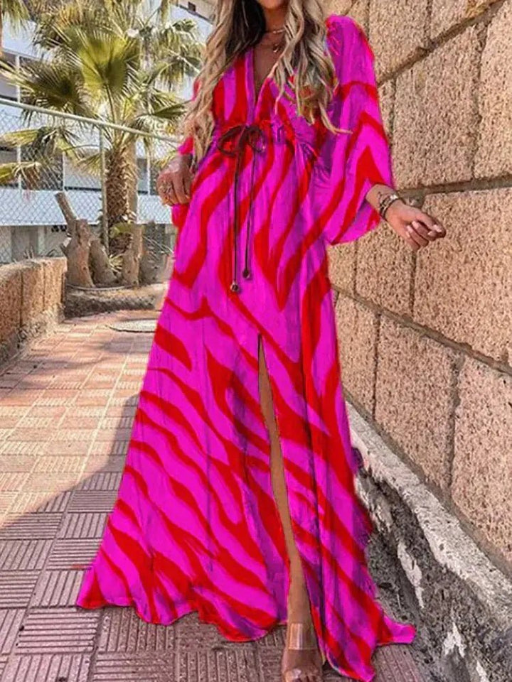 Maxi Kleid V-Ausschnitt Kimono Ärmel Schlitz - Rose Red