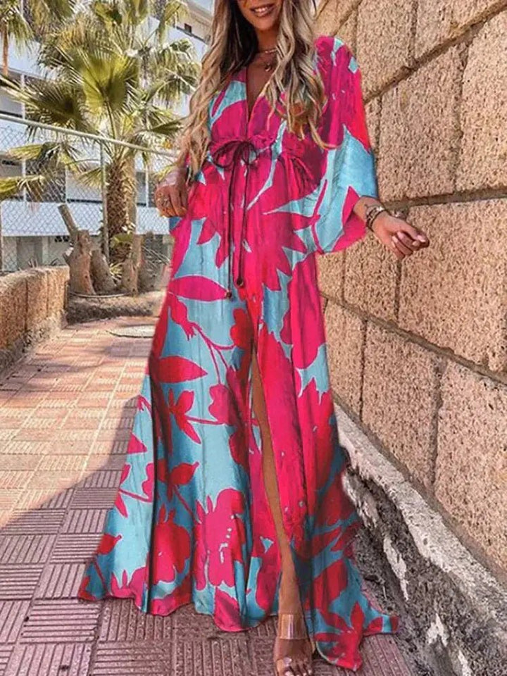 Maxi Kleid V-Ausschnitt Kimono Ärmel Schlitz - Blue-pink