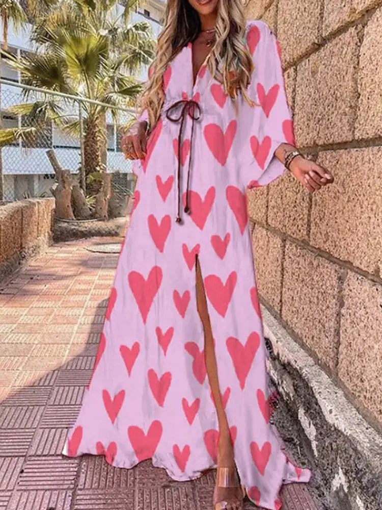 Maxi Kleid V-Ausschnitt Kimono Ärmel Schlitz - Rose