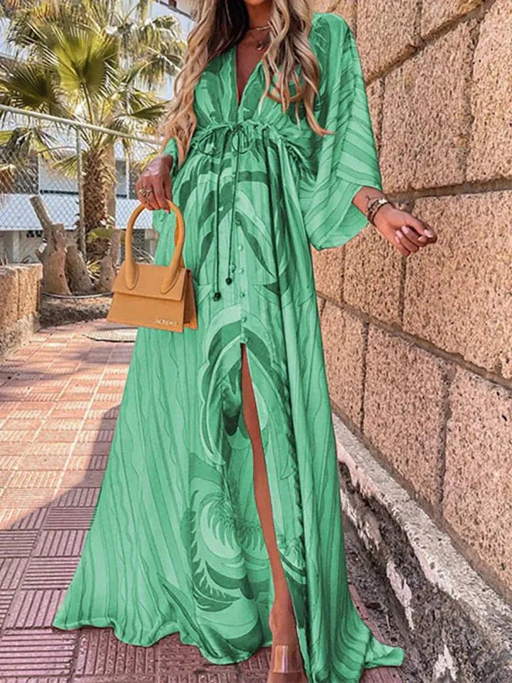 Maxi Kleid V-Ausschnitt Kimono Ärmel Schlitz - Green