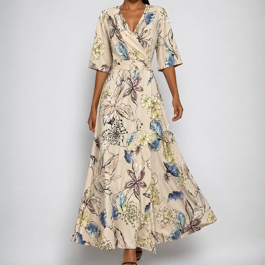 Maxi Wickelkleid V-Ausschnitt Blumenmuster Gürtel - Beige