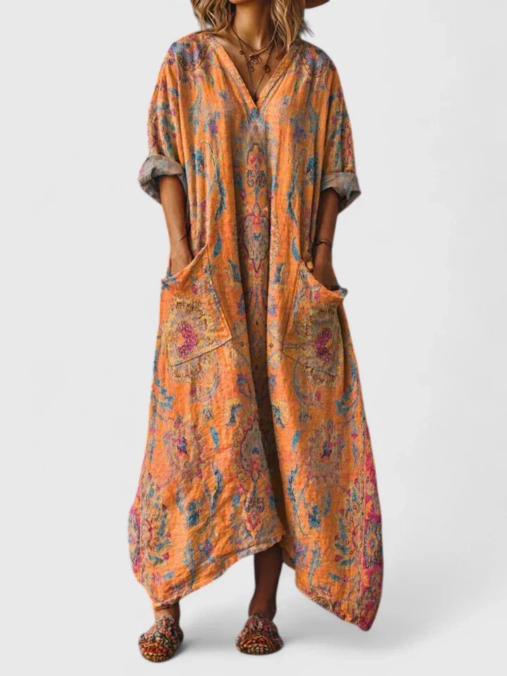 Maxikleid Boho Print Baumwolle Taschen V-Ausschnitt - Orange