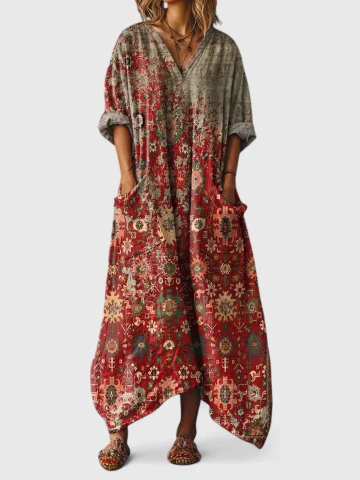 Maxikleid Boho Print Baumwolle Taschen V-Ausschnitt - Red