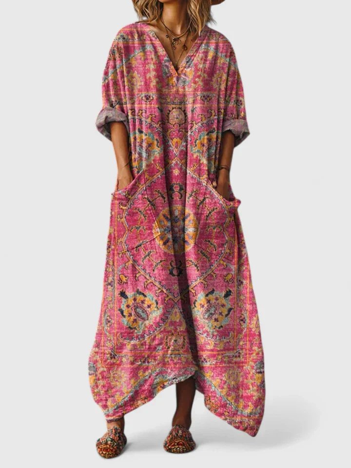 Maxikleid Boho Print Baumwolle Taschen V-Ausschnitt - Dark Pink
