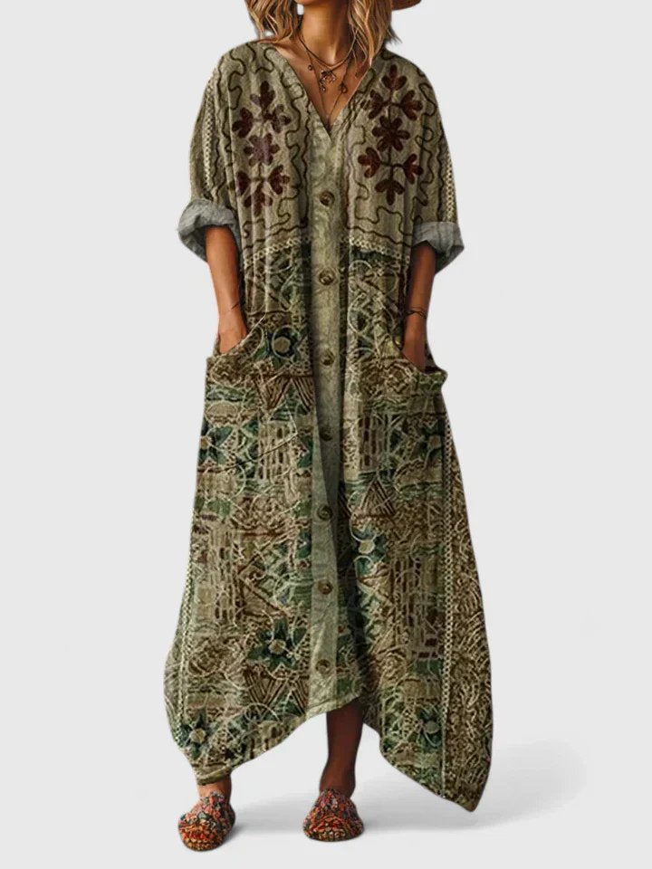 Maxikleid Boho Print Baumwolle Taschen V-Ausschnitt - Olive Green