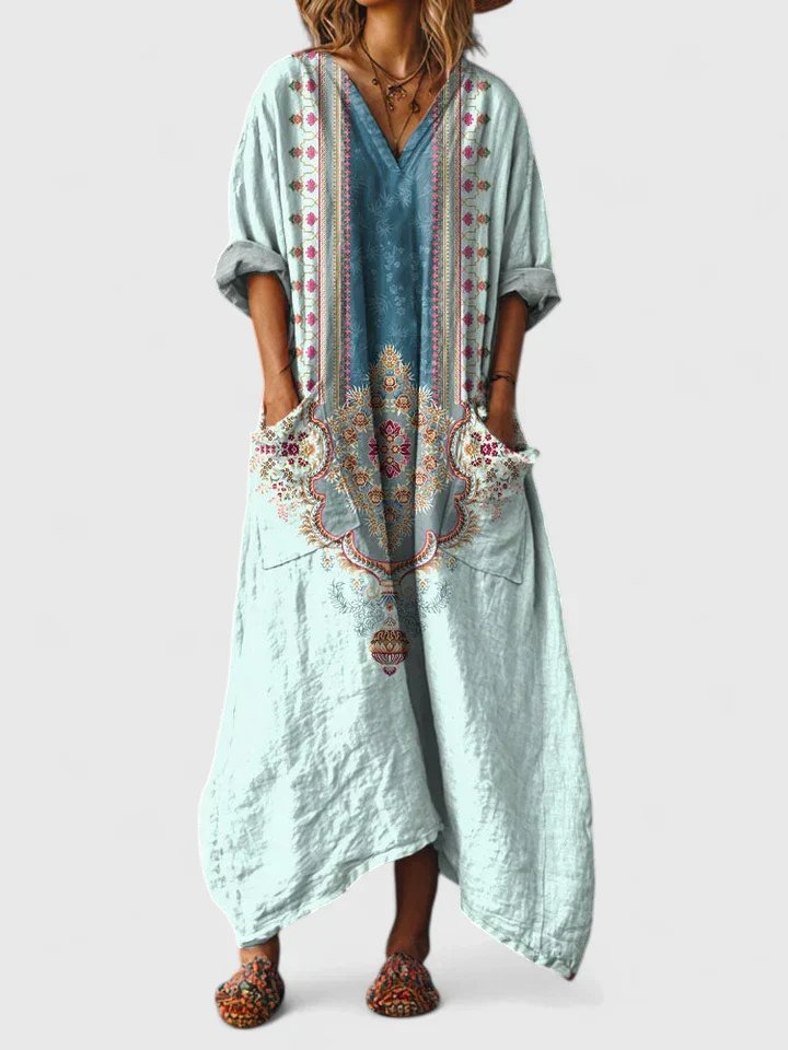 Maxikleid Boho Print Baumwolle Taschen V-Ausschnitt - Powder Blue
