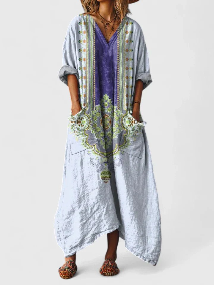 Maxikleid Boho Print Baumwolle Taschen V-Ausschnitt - Light Blue