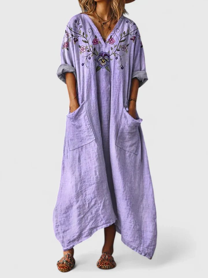 Maxikleid Boho Print Baumwolle Taschen V-Ausschnitt - Purple
