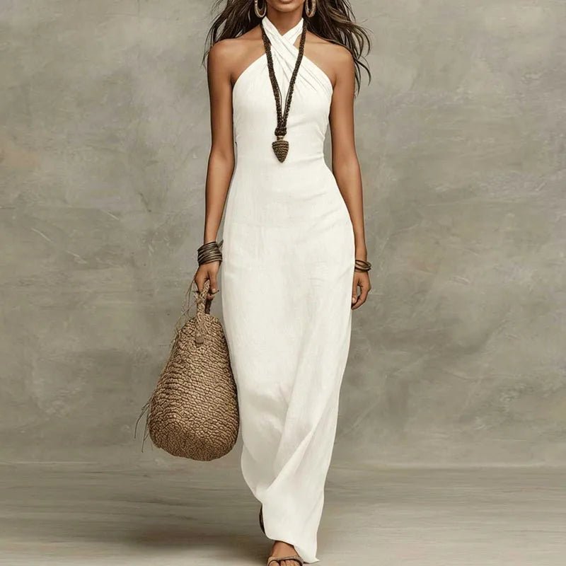 Maxikleid Neckholder Leinen Bohemian Ärmellos Elegant - White