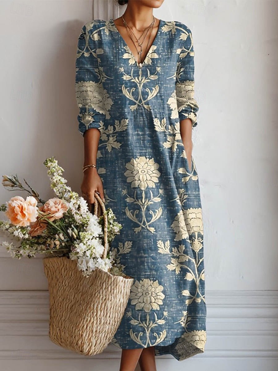 Midi Kleid Leinen Boho V-Ausschnitt Taschen Langarm