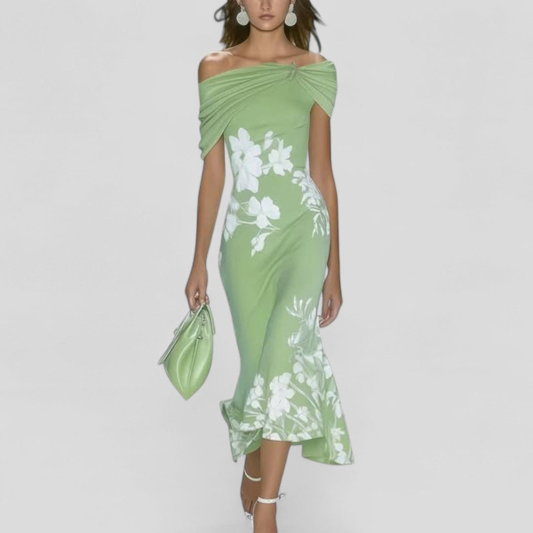 Midi Kleid Off-Shoulder Blumenmuster Elegante Passform - Green