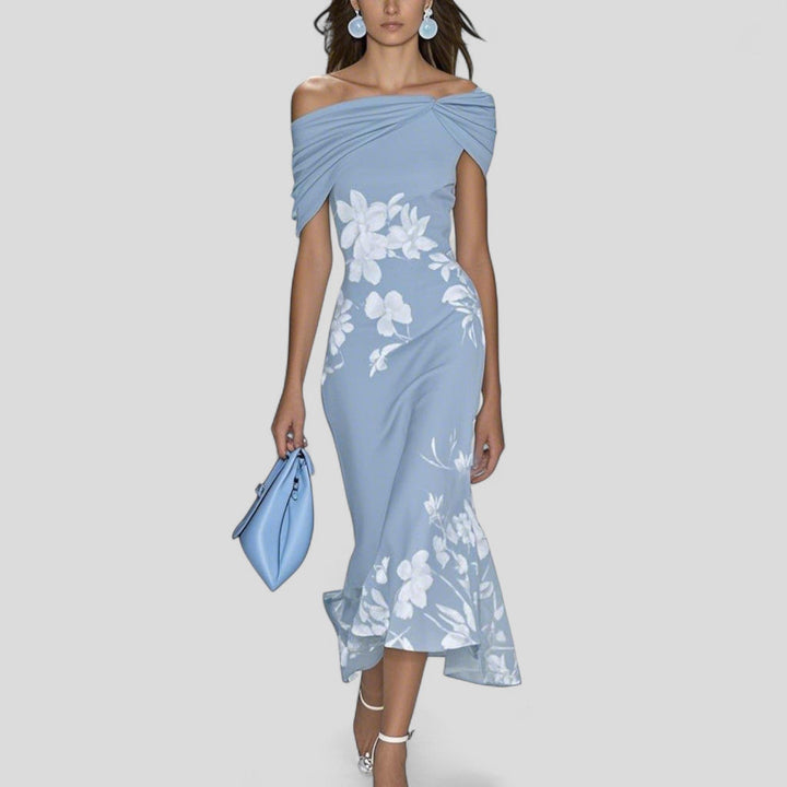 Midi Kleid Off-Shoulder Blumenmuster Elegante Passform - Blue
