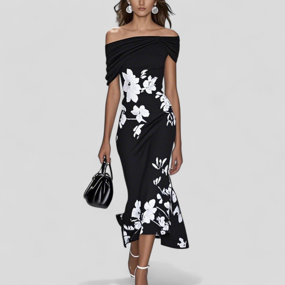 Midi Kleid Off-Shoulder Blumenmuster Elegante Passform - Black
