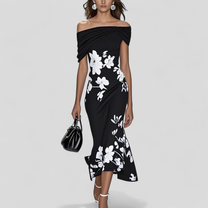 Midi Kleid Off-Shoulder Blumenmuster Elegante Passform - Black