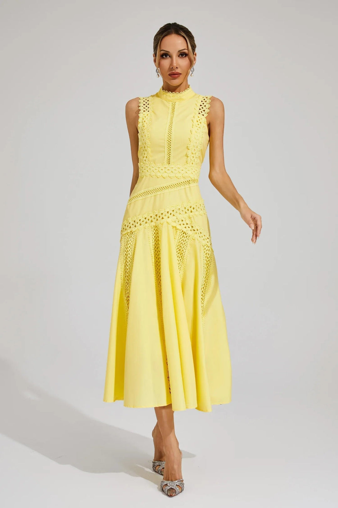 Midi Kleid Ärmellos Spitze Hochzeitsgast Elegant - Yellow