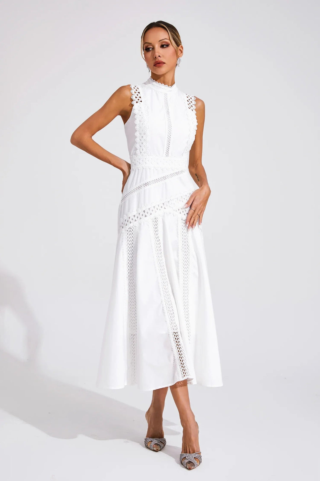 Midi Kleid Ärmellos Spitze Hochzeitsgast Elegant - White