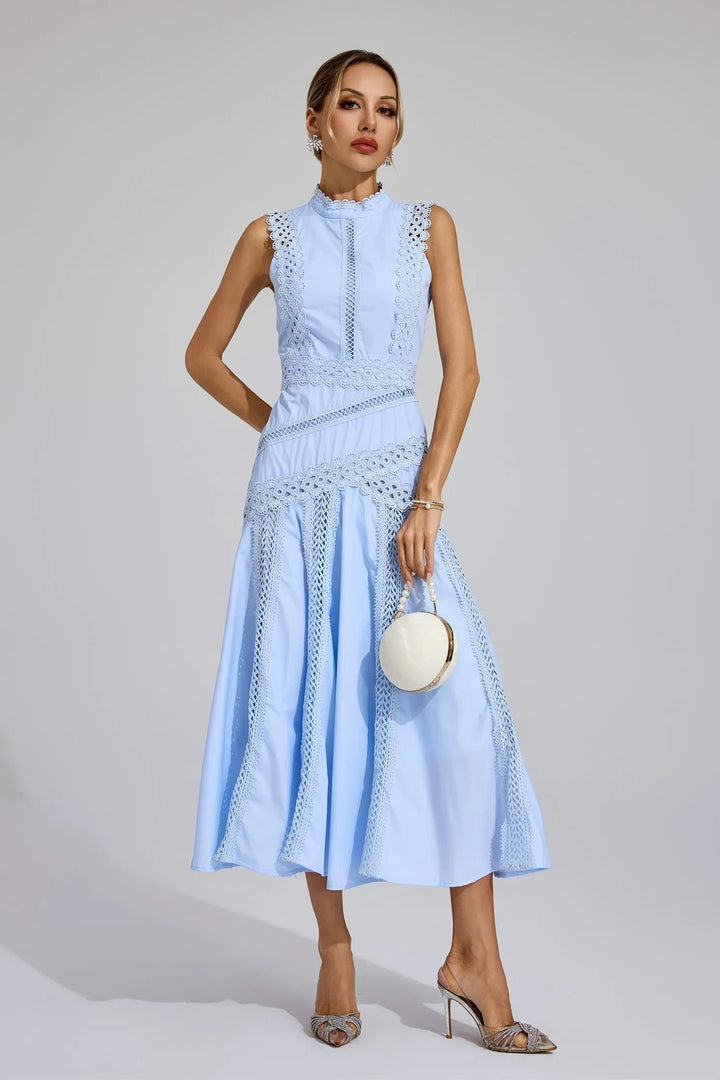 Midi Kleid Ärmellos Spitze Hochzeitsgast Elegant - Blue