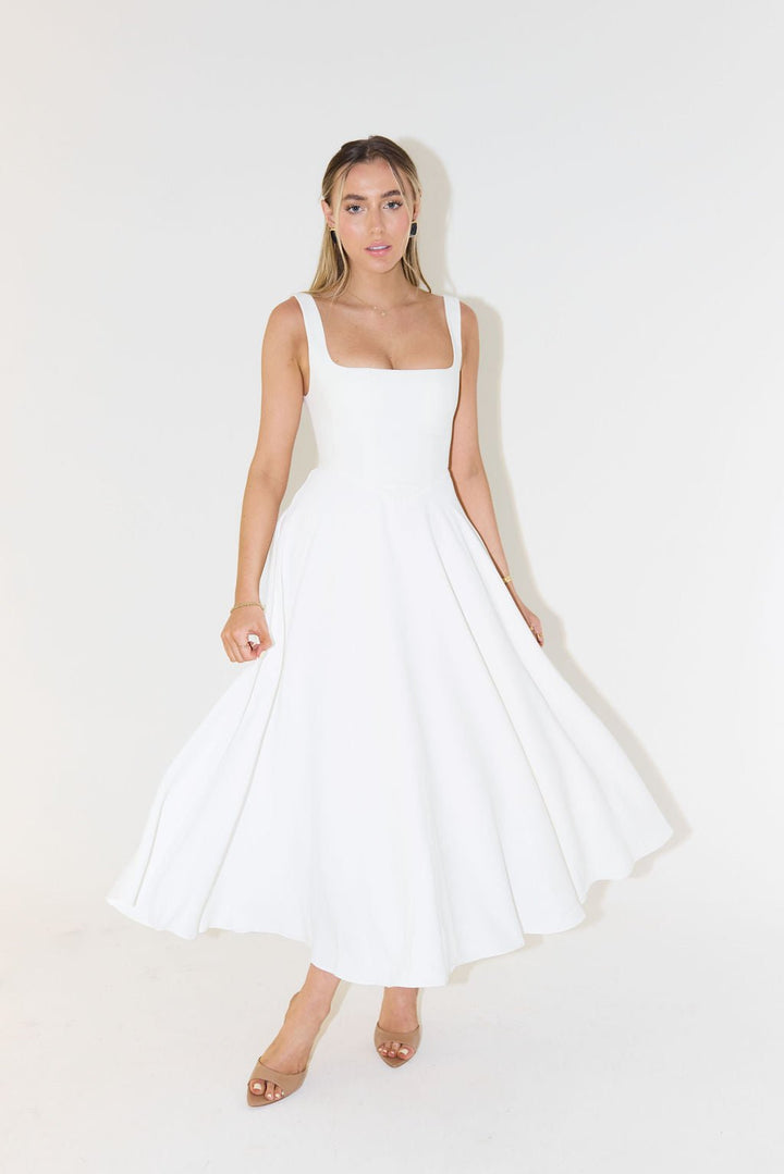 Midikleid A-Linie Quadratischer Ausschnitt Plissee - Weiß
