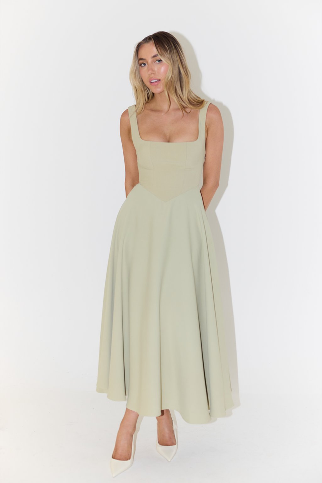 Midikleid A-Linie Quadratischer Ausschnitt Plissee