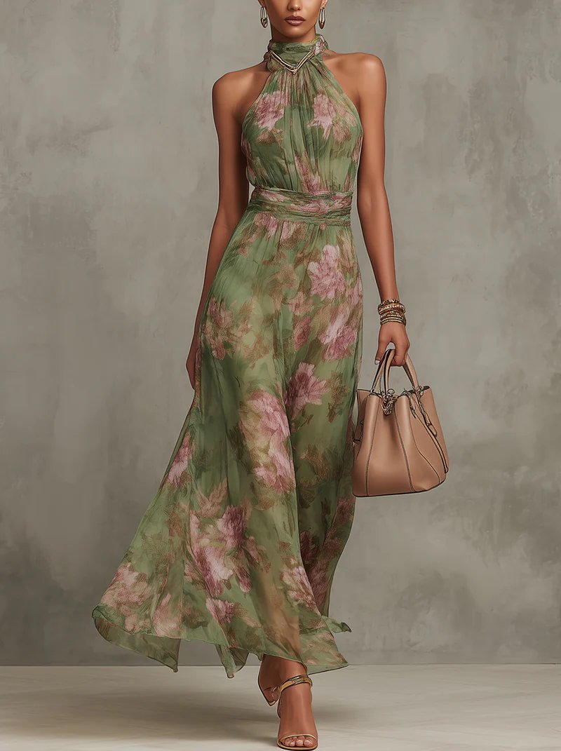Neckholder Maxikleid Blumenmuster Tailliert Sommerkleid - Grüner Blumenprint