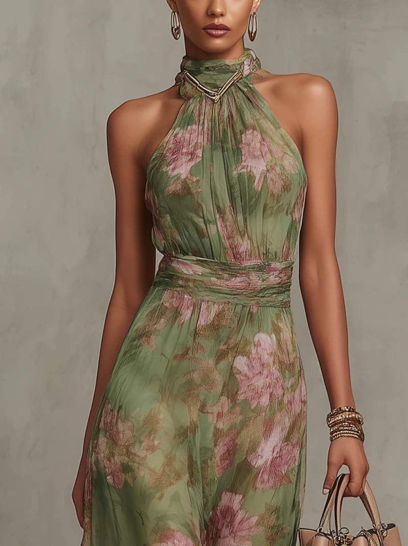 Neckholder Maxikleid Blumenmuster Tailliert Sommerkleid