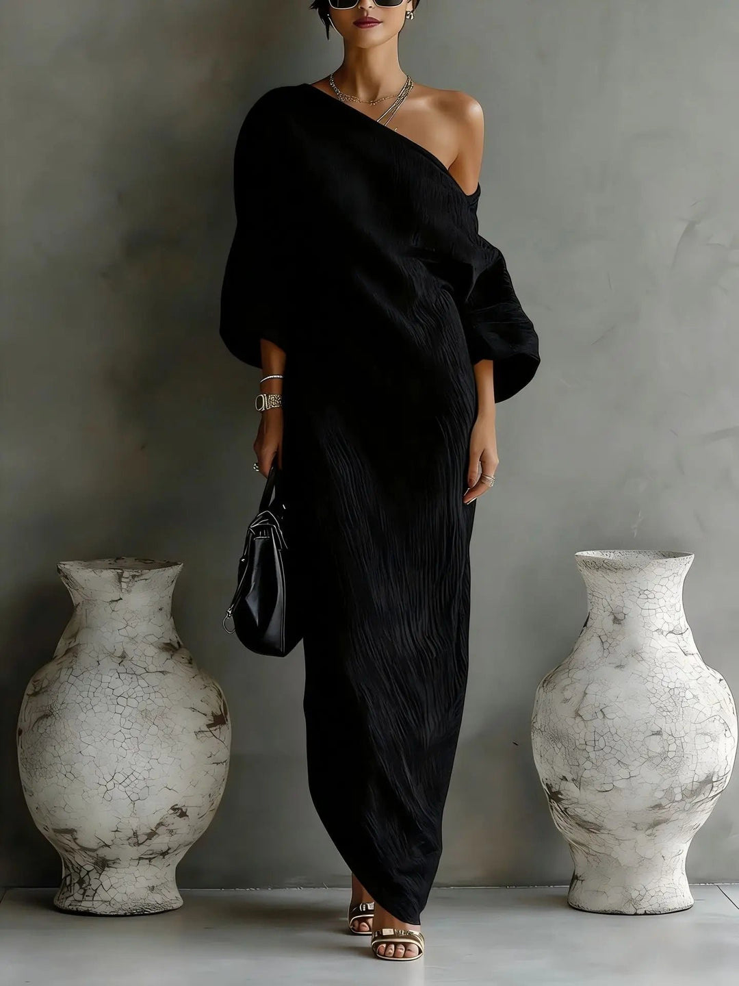 One-Shoulder Leinenkleid Asymmetrisch Locker Damen Maxikleid - Black