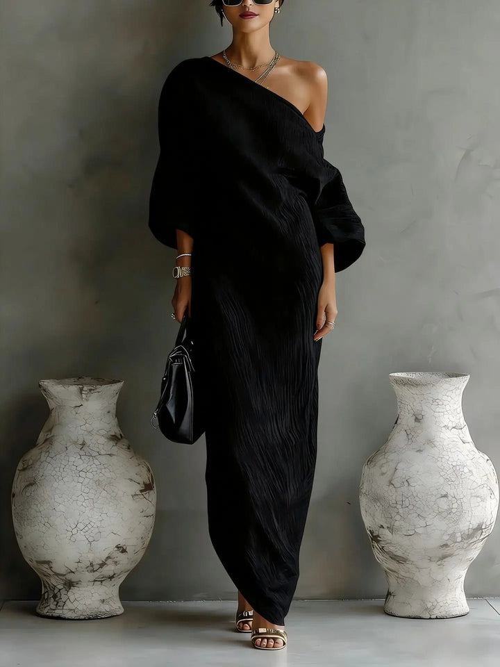 One-Shoulder Leinenkleid Asymmetrisch Locker Damen Maxikleid - Black