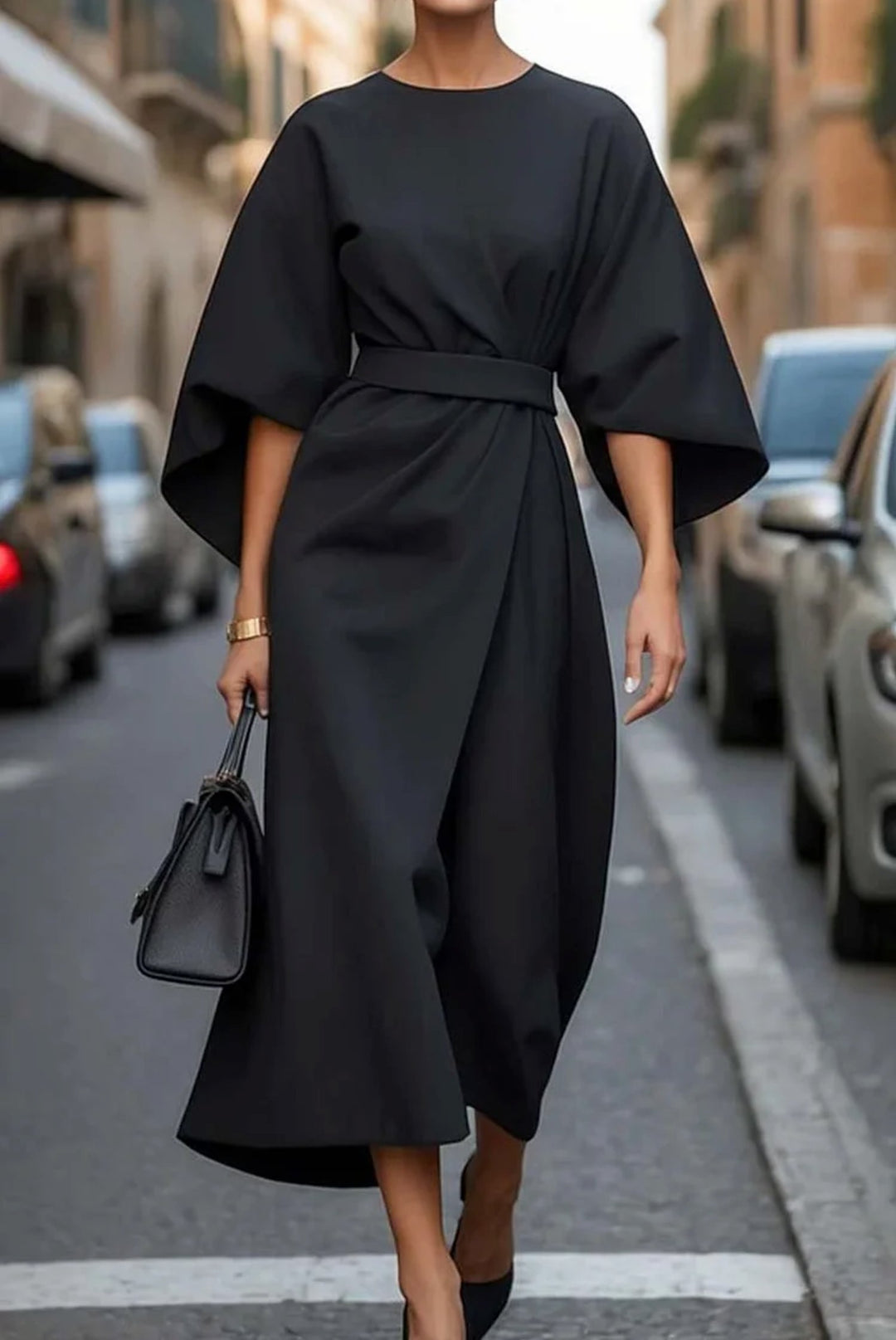 Plus Size Kleid Laterne Ärmel Midi Elegant Schwarz