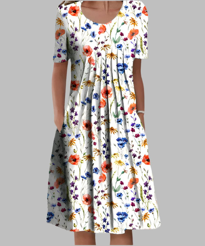 Plus Size Midi Kleid Blumenmuster V-Ausschnitt - White and Red