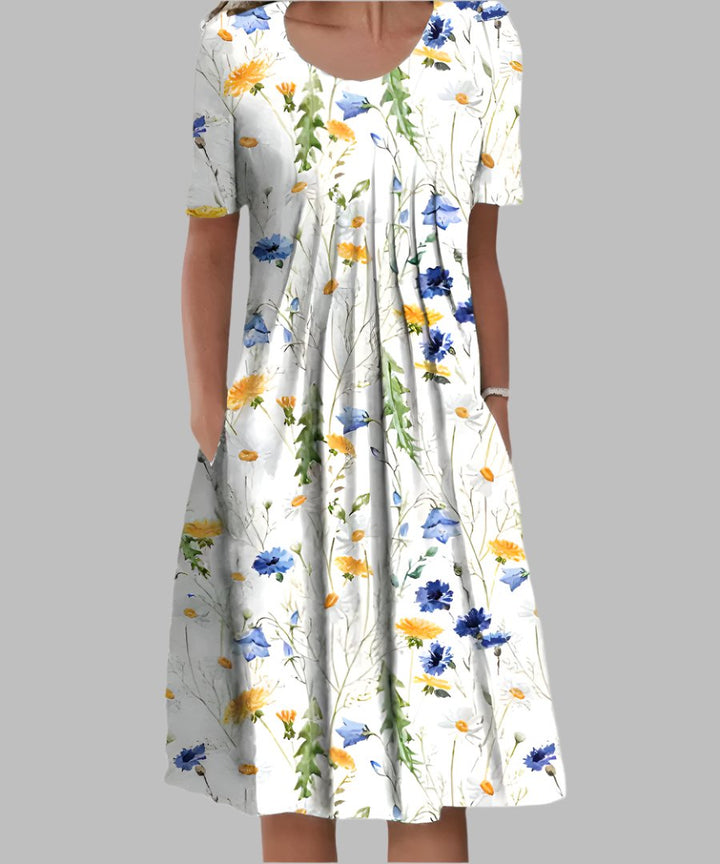 Plus Size Midi Kleid Blumenmuster V-Ausschnitt - White with Yellow
