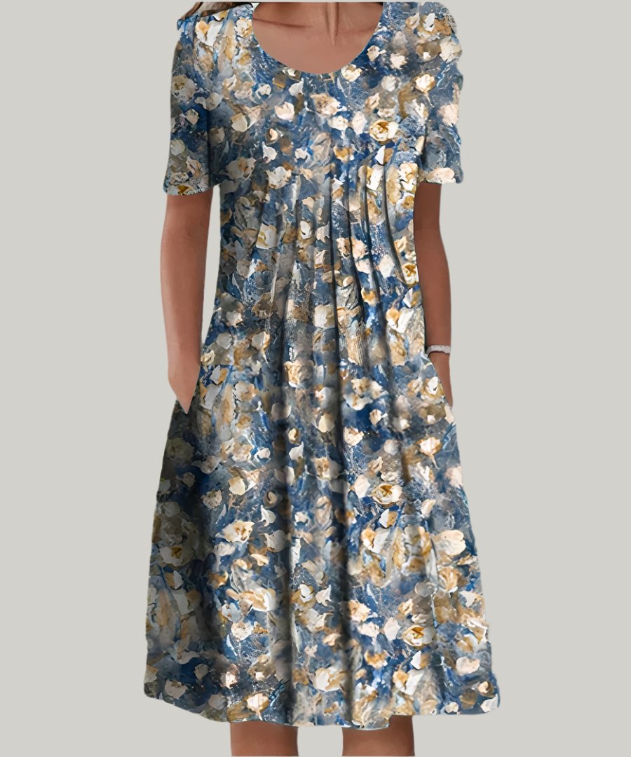 Plus Size Midi Kleid Blumenmuster V-Ausschnitt - Blue and White