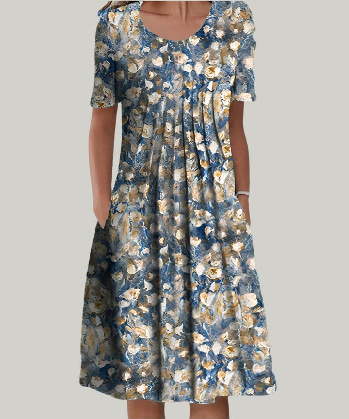Plus Size Midi Kleid Blumenmuster V-Ausschnitt - Blue and White