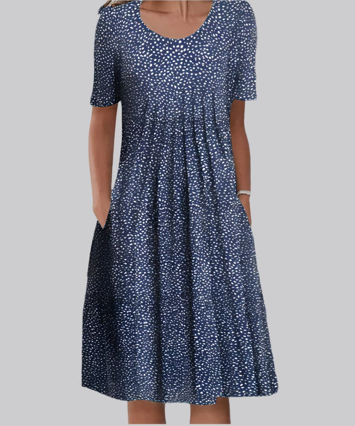Plus Size Midi Kleid Blumenmuster V-Ausschnitt - Blue Polka Dots