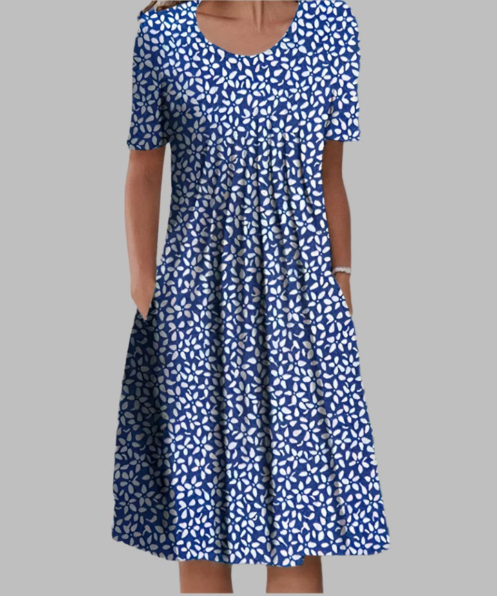 Plus Size Midi Kleid Blumenmuster V-Ausschnitt - Blue with Flowers