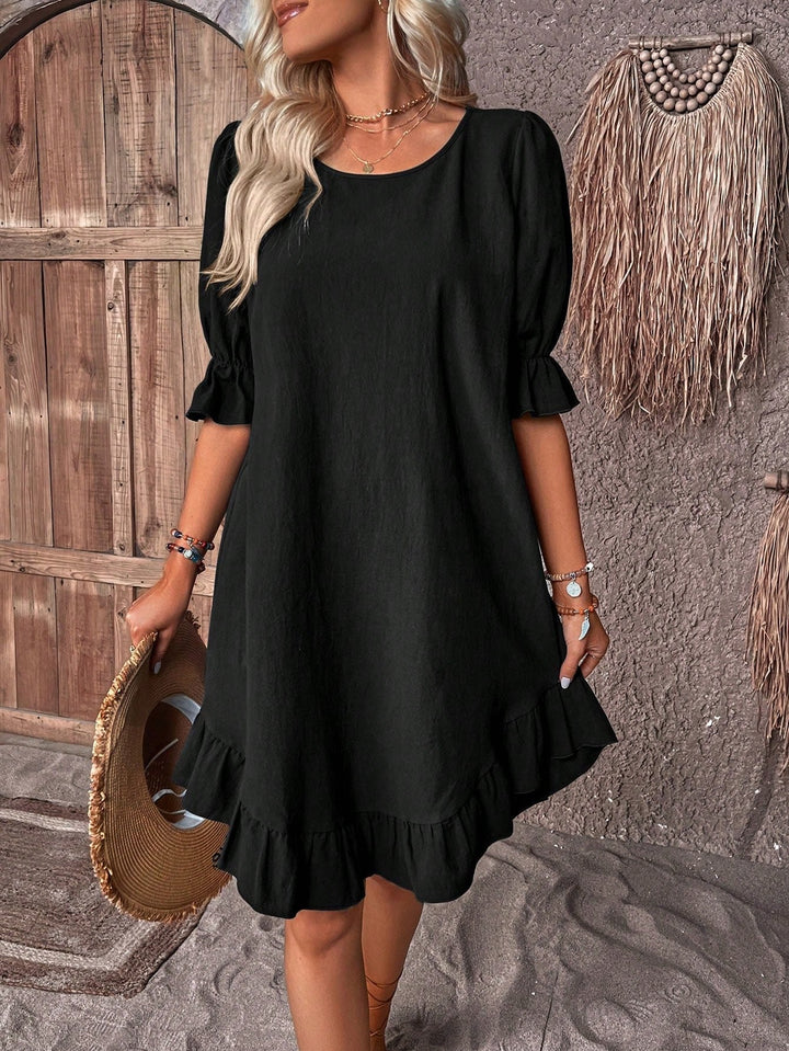 Plus Size Sommerkleid Rüschen Bauchkaschierend Freizeitkleid - Black (Almost sold out)