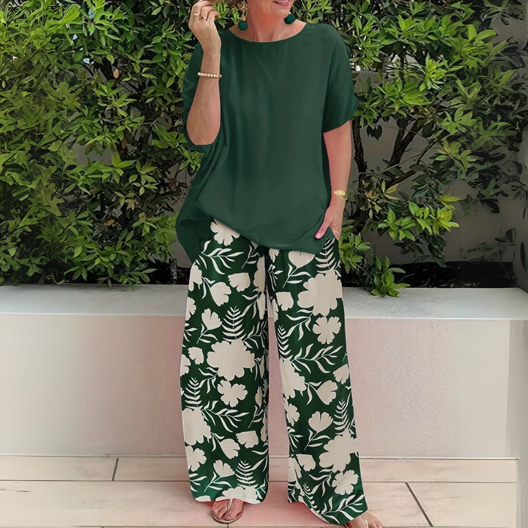 Plus Size Zweiteiler Set Blumenmuster Wide-Leg Pants - Forest Green