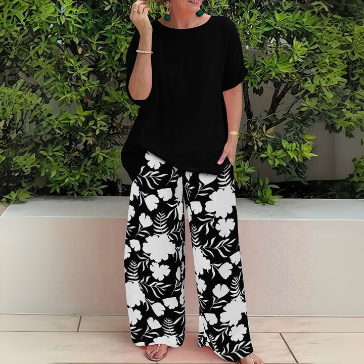 Plus Size Zweiteiler Set Blumenmuster Wide-Leg Pants - Carbon Black