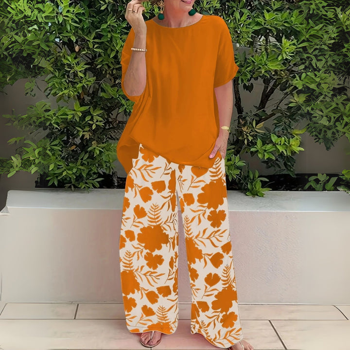 Plus Size Zweiteiler Set Blumenmuster Wide-Leg Pants - Mandarin Orange
