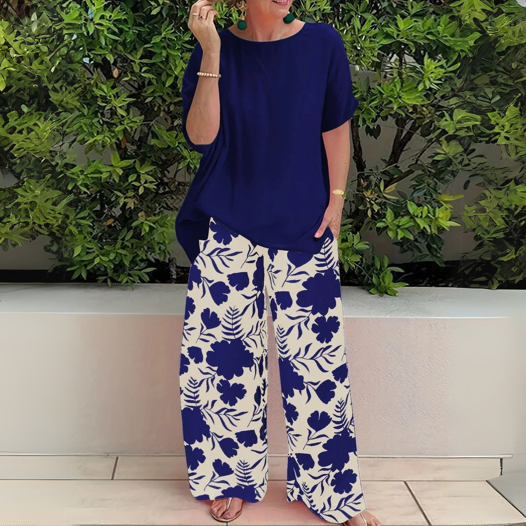 Plus Size Zweiteiler Set Blumenmuster Wide-Leg Pants - Navy Blue