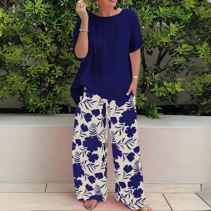 Plus Size Zweiteiler Set Blumenmuster Wide-Leg Pants - Navy Blue