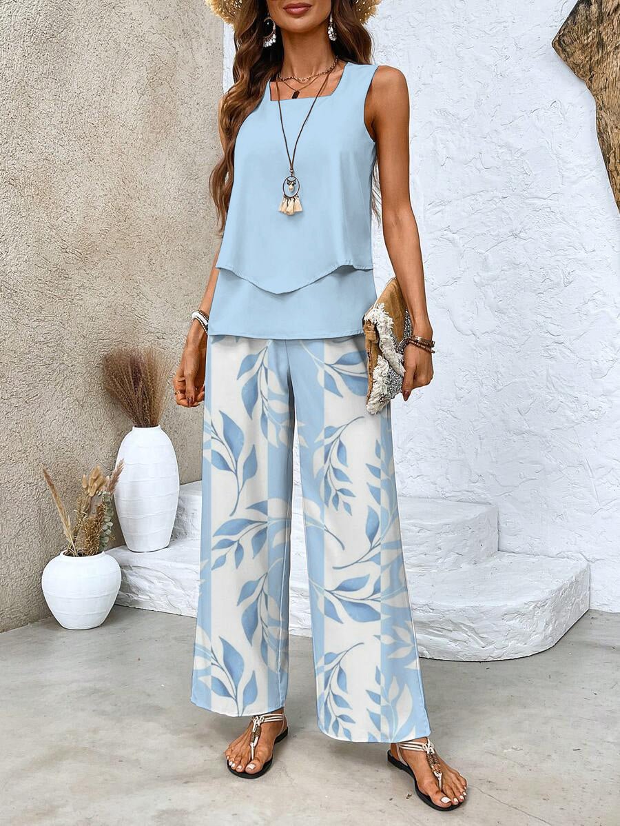 Plus Size Zweiteiler Set Ärmellose Bluse Weite Hose - Blue