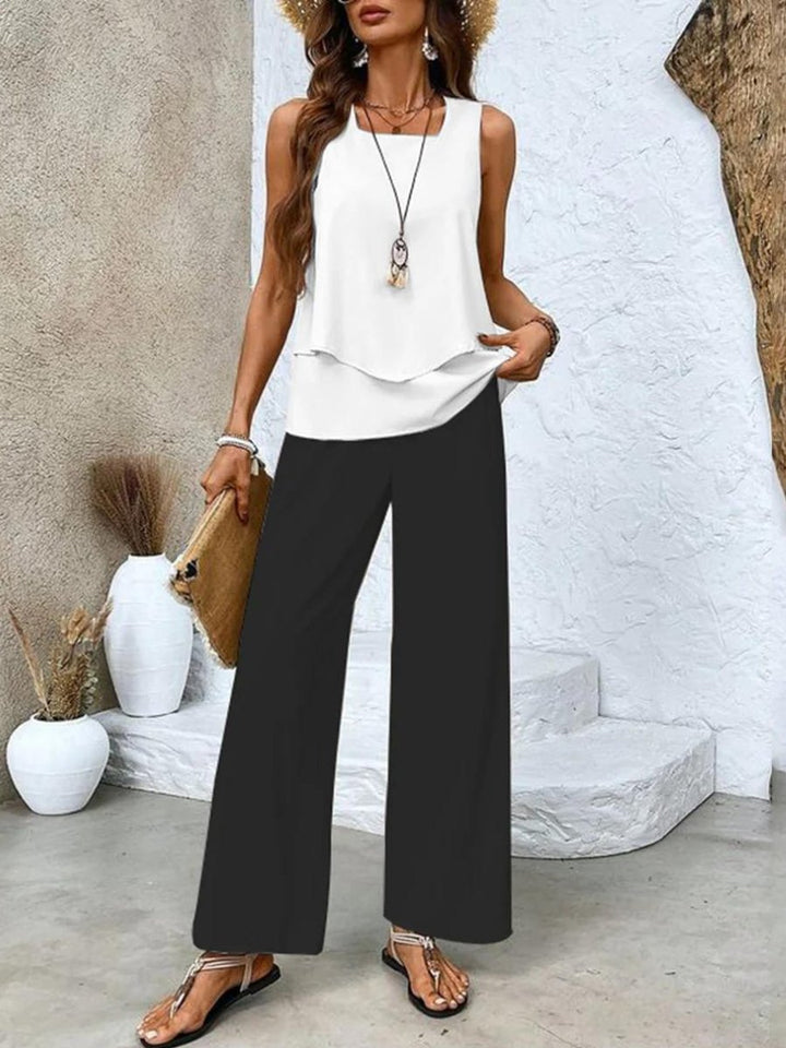 Plus Size Zweiteiler Set Ärmellose Bluse Weite Hose - Black