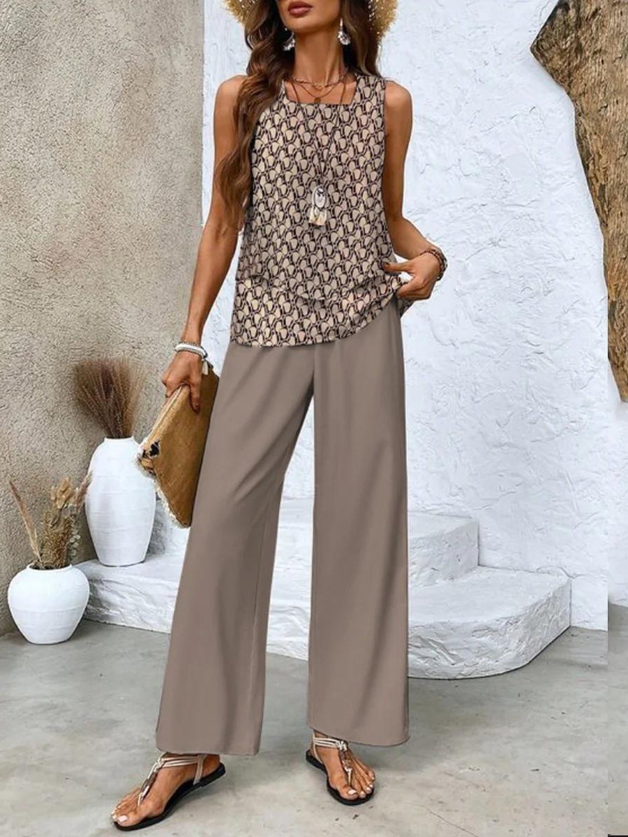 Plus Size Zweiteiler Set Ärmellose Bluse Weite Hose - Brown